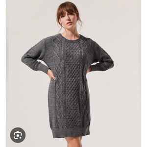 Pact NWT Organic Cotton Cable Knit Sweater Dress Gray Fisherman Preppy Academia